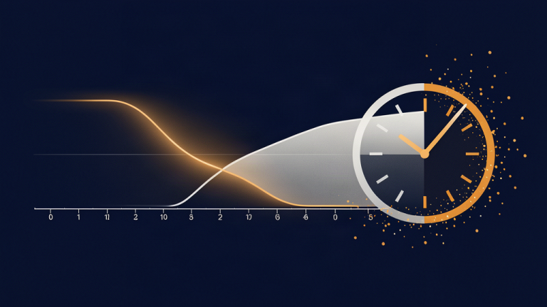 Ilustración esquemática de una curva de supervivencia descendente sobre una línea temporal de marcas horarias, con una esfera de reloj en ámbar disolviéndose en puntos de datos, sobre fondo azul oscuro.
