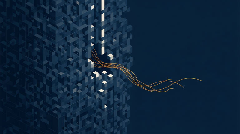 Ilustración abstracta en azul marino y ámbar para el artículo «IA para leer la invasión vascular extramural en RM de recto: 2.501 pac»
