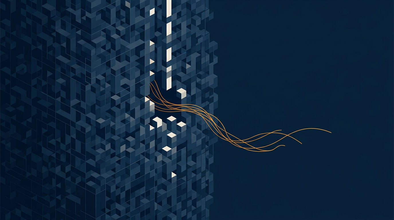 Ilustración abstracta en azul marino y ámbar para el artículo «IA para leer la invasión vascular extramural en RM de recto: 2.501 pac»
